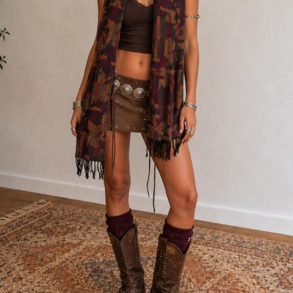 Y2K Boho Woven Tapestry Fringe Scarf Earth Tone Festival Wrap Shawl